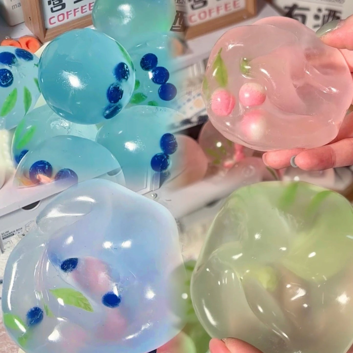 Blueberry/Peach/Green Grape Coconut Oil Soap Base Stress Ball Squishy Stress Relief Decompression Toy